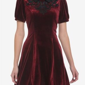 Cosmic Aura Collar Skater Dress Women Burgundy Velvet Vampire Whimsigoth Romance
